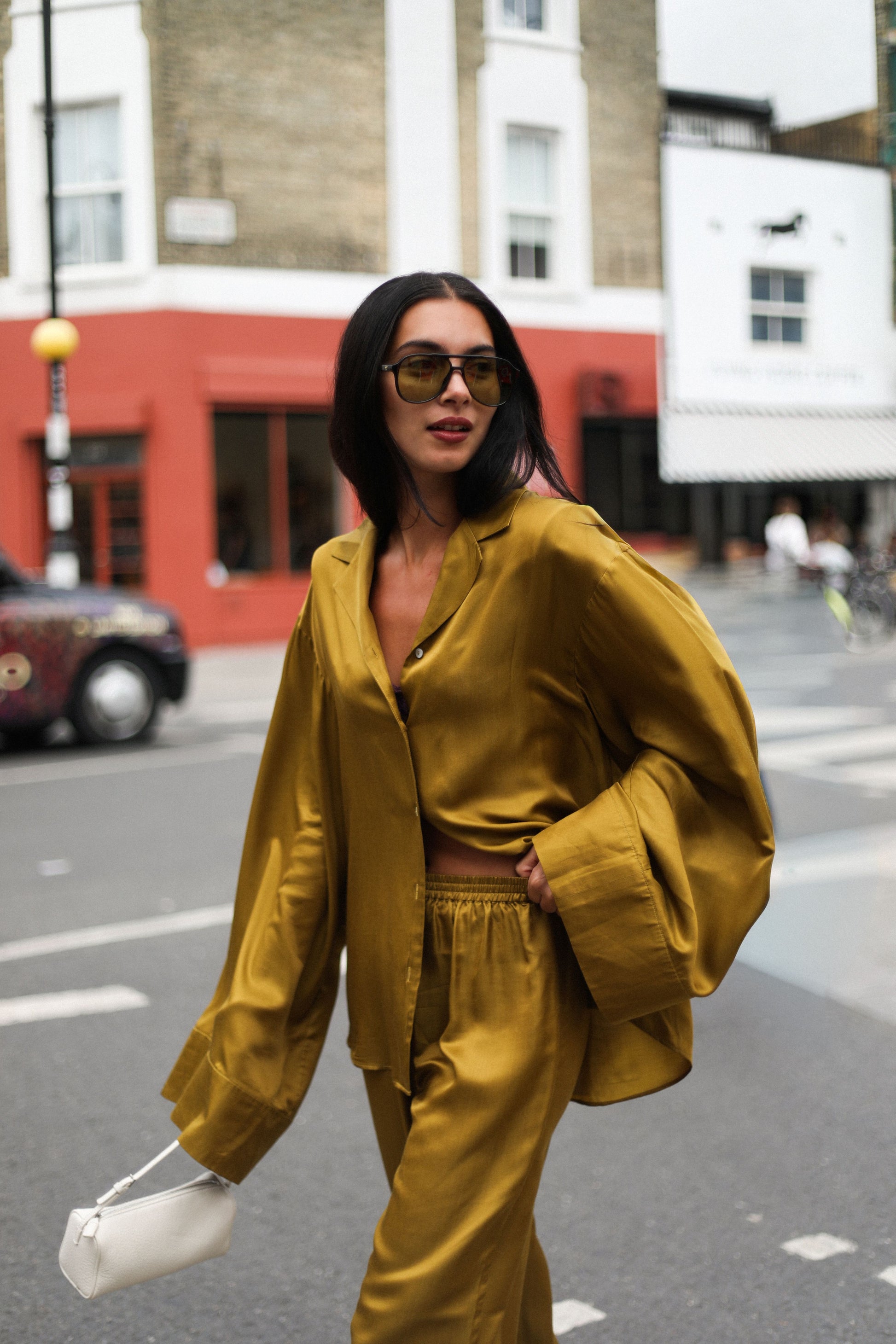 LA Twin The Lizzie Olive Green feather silk Shirt model 3