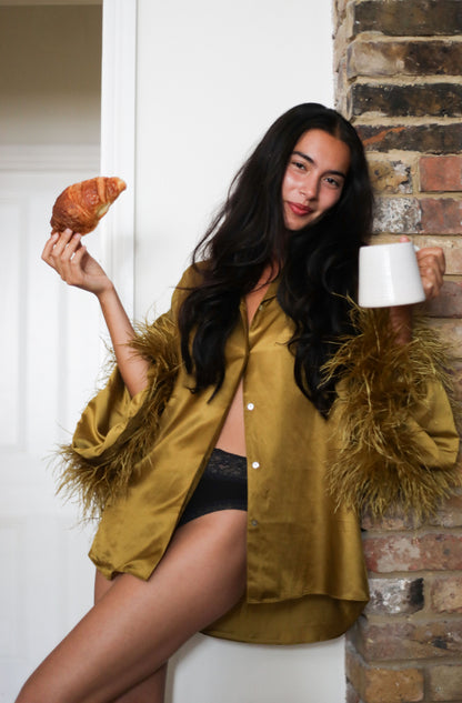 LA Twin The Lizzie Olive Green feather silk Shirt model night in