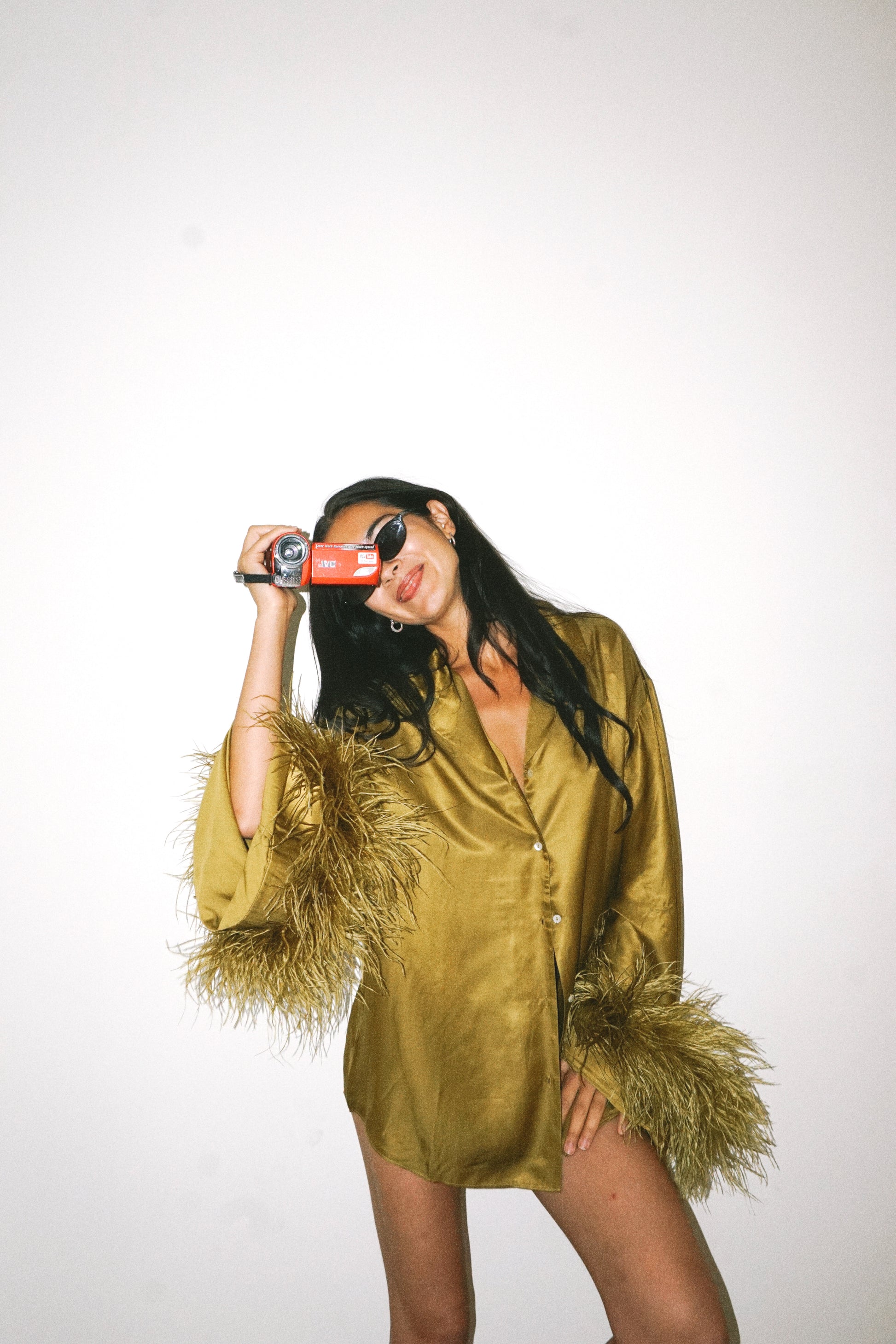 LA Twin The Lizzie Olive Green feather silk Shirt model 1