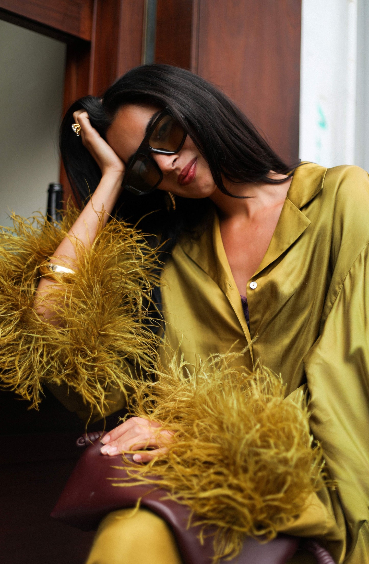 LA Twin The Lizzie Olive Green feather silk Shirt model 2